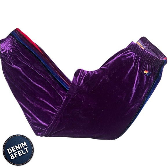 Aviator Nation Women’s Purple Classic Velvet Rainbow 5 Stripe Sweatpants/Joggers - Picture 2 of 6